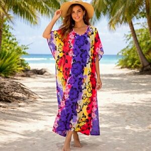 Kaftan Maxi Dress Swimsuit Coverup Tropical Hibiscous Floral 2X 🌺 NEW